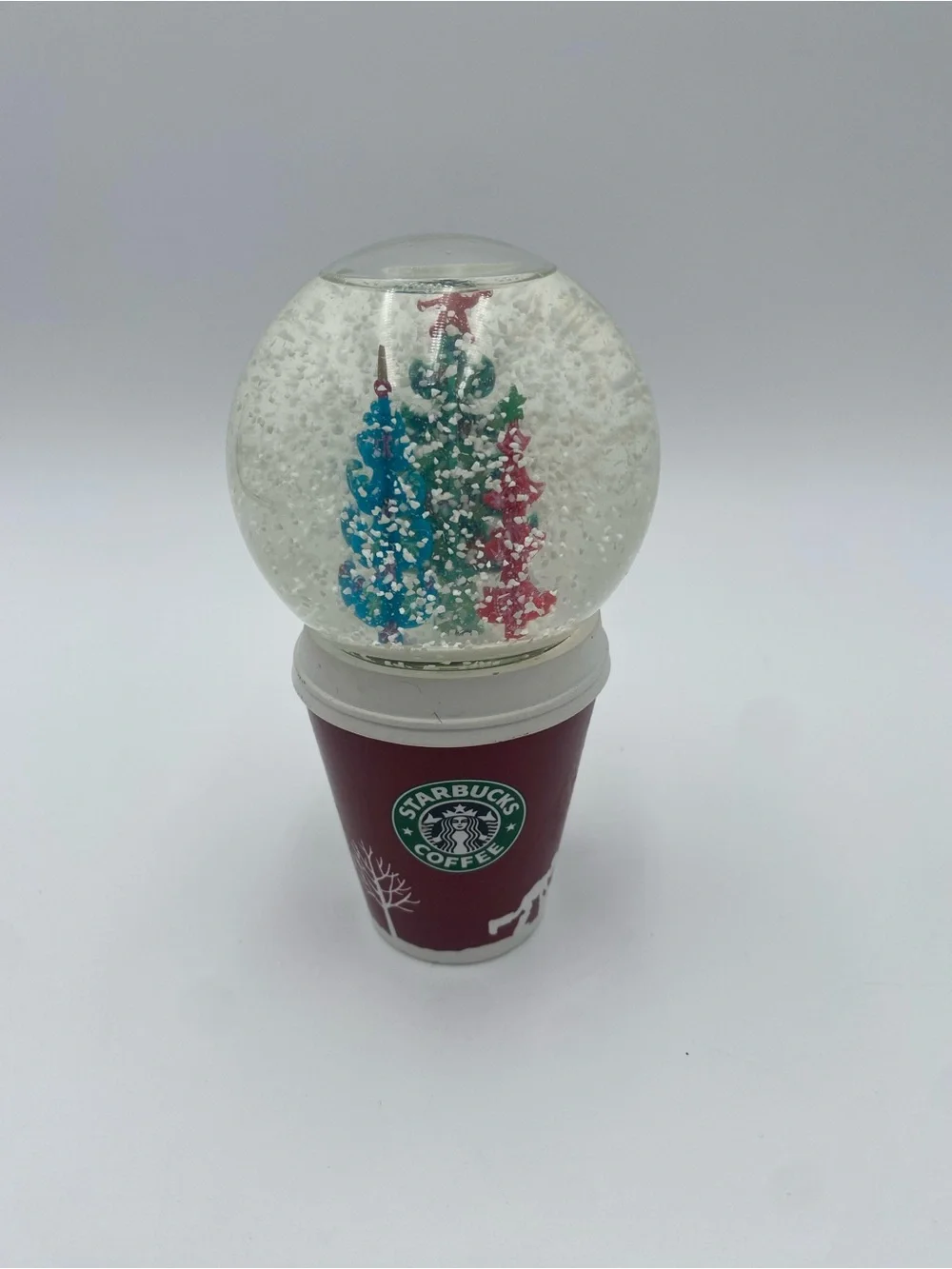 Starbucks Red Cup Snow Globe with Blue, Green, and Red Trees